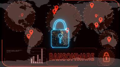 黑客加密红色的数字技术大数据锁检测到检查点雷达世界地图备用概念保护ransomware抢劫钱
